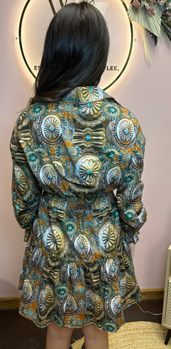 Concho Printed Collared Ruffle Button Down Dress - Cowhide and Conchos