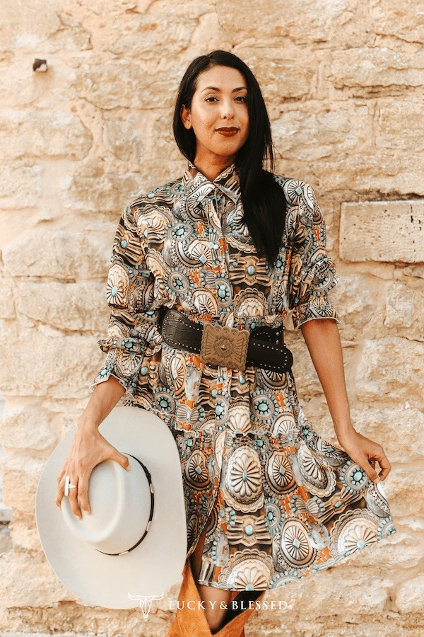 Concho Printed Collared Ruffle Button Down Dress - Cowhide and Conchos