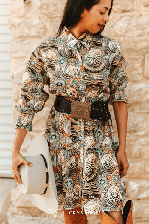 Concho Printed Collared Ruffle Button Down Dress - Cowhide and Conchos