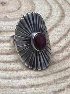 Concho Ring with Purple Spiny Oyster by Raymond Coriz - Size 7+ adjustable - Cowhide and Conchos
