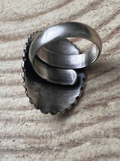 Concho Ring with Purple Spiny Oyster by Raymond Coriz - Size 7+ adjustable - Cowhide and Conchos