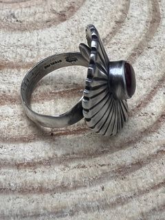 Concho Ring with Purple Spiny Oyster by Raymond Coriz - Size 7+ adjustable - Cowhide and Conchos