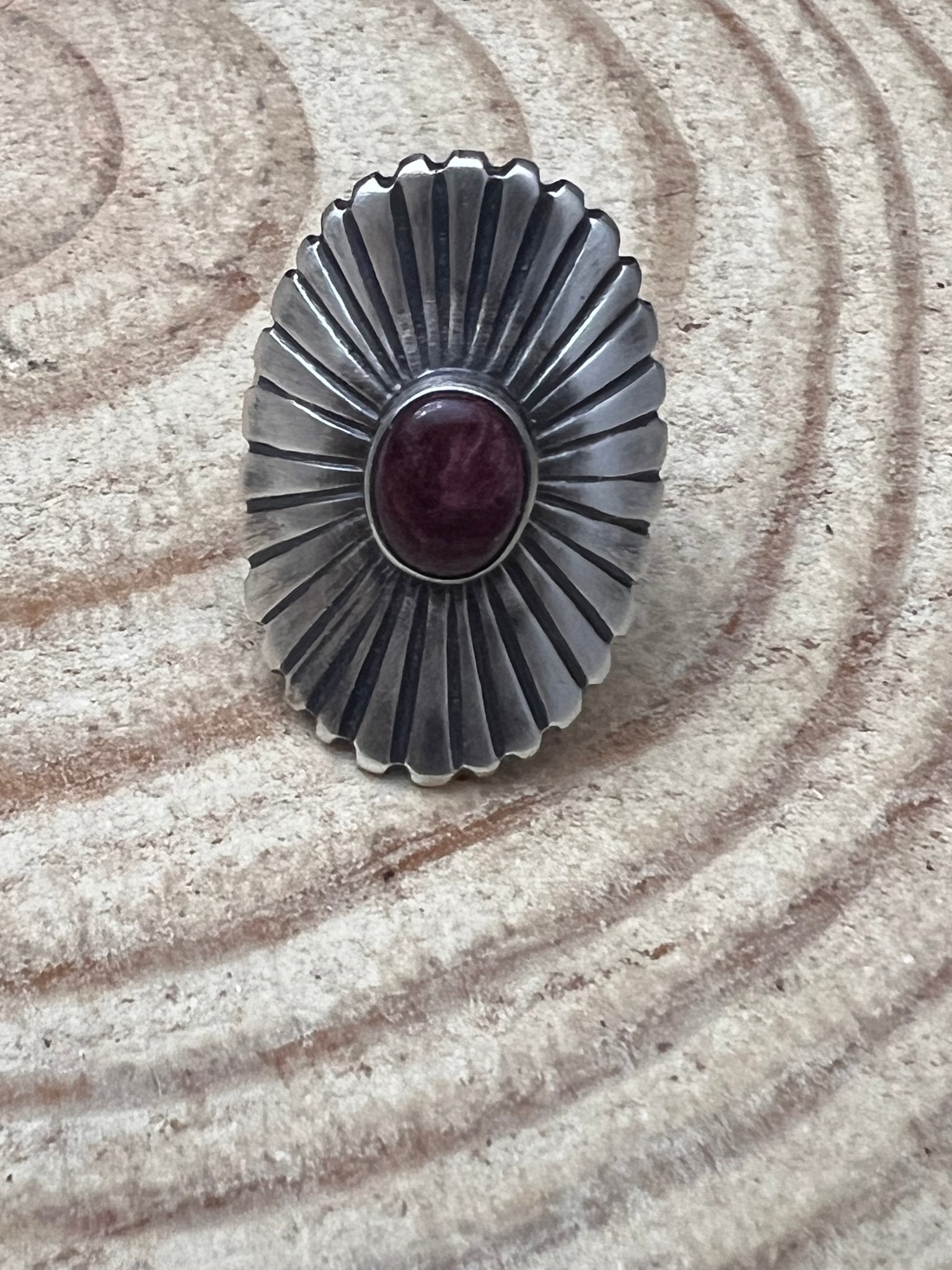 Concho Ring with Purple Spiny Oyster by Raymond Coriz - Size 7+ adjustable - Cowhide and Conchos