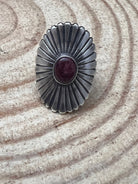 Concho Ring with Purple Spiny Oyster by Raymond Coriz - Size 7+ adjustable - Cowhide and Conchos