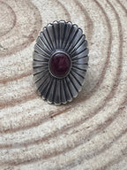 Concho Ring with Purple Spiny Oyster by Raymond Coriz - Size 7+ adjustable - Cowhide and Conchos