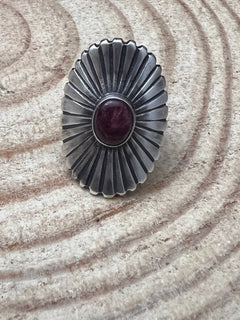 Concho Ring with Purple Spiny Oyster by Raymond Coriz - Size 7+ adjustable - Cowhide and Conchos