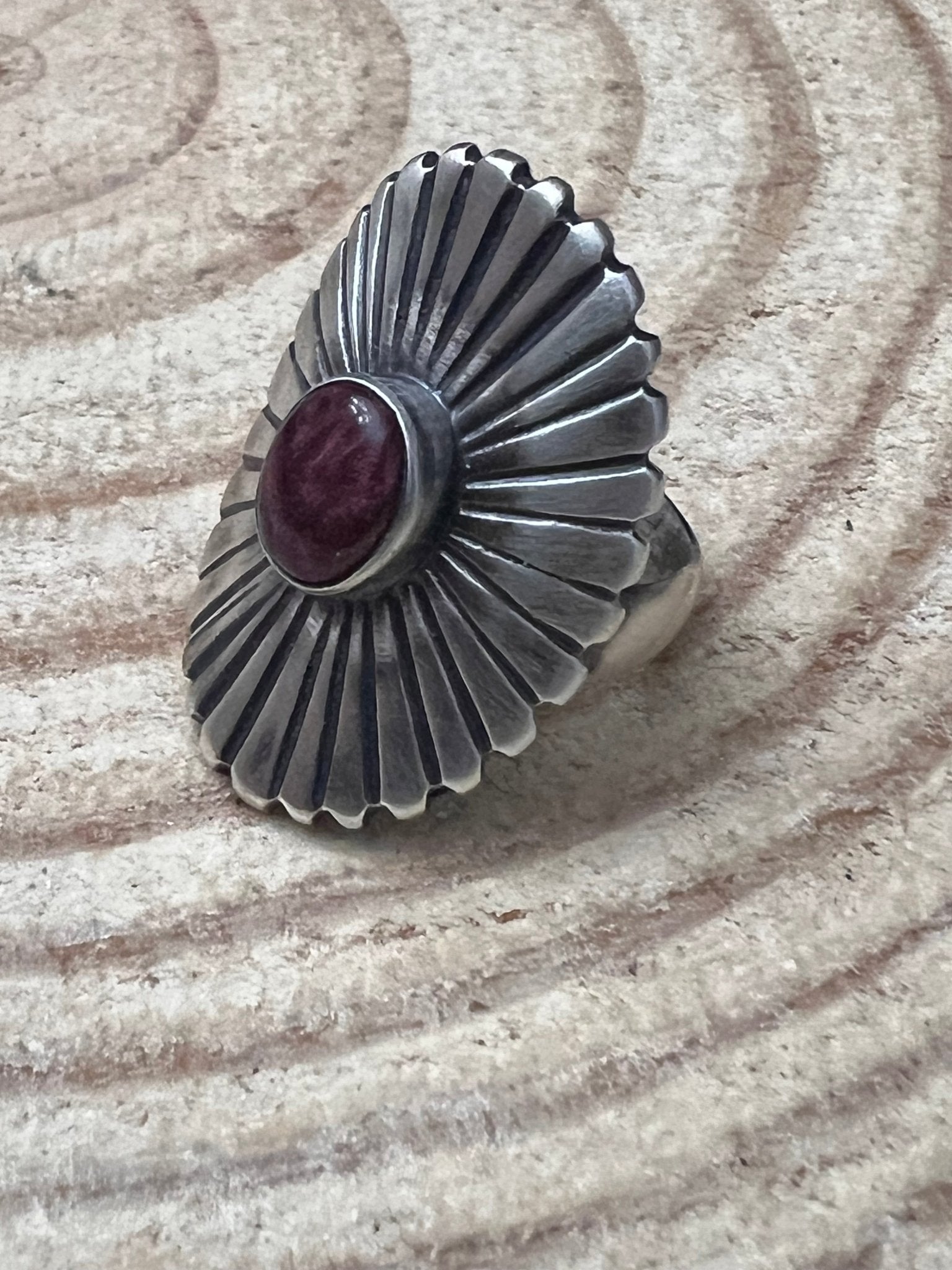 Concho Ring with Purple Spiny Oyster by Raymond Coriz - Size 7+ adjustable - Cowhide and Conchos