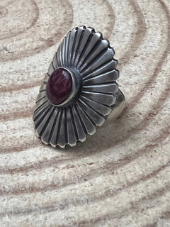 Concho Ring with Purple Spiny Oyster by Raymond Coriz - Size 7+ adjustable - Cowhide and Conchos