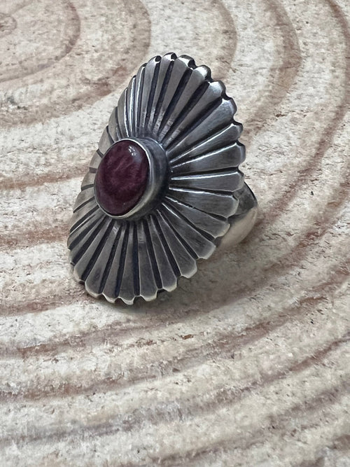 Concho Ring with Purple Spiny Oyster by Raymond Coriz - Size 7+ adjustable - Cowhide and Conchos
