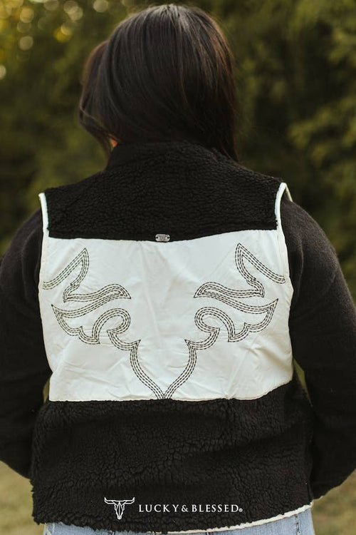 Contrast Black Sherpa Vest - Cowhide and Conchos
