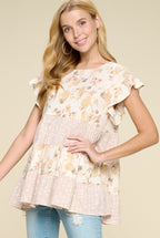 Contrast Floral Printed Ruffled Top - Cowhide and Conchos