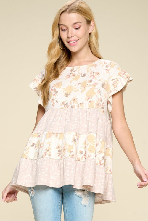 Contrast Floral Printed Ruffled Top - Cowhide and Conchos