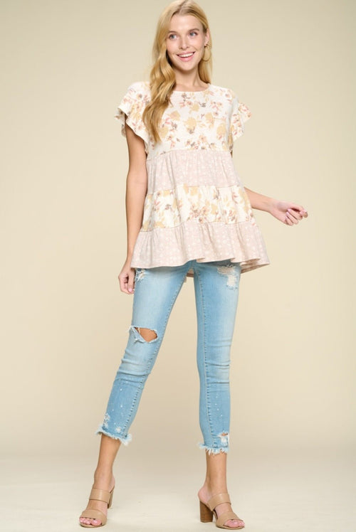 Contrast Floral Printed Ruffled Top - Cowhide and Conchos