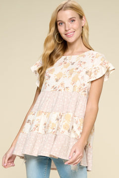 Contrast Floral Printed Ruffled Top - Cowhide and Conchos