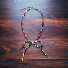 Coral Bow Necklace  - 15 inch - Cowhide and Conchos