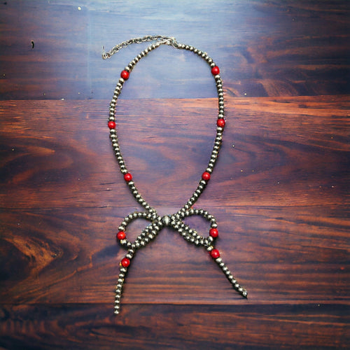Coral Bow Necklace  - 15 inch - Cowhide and Conchos