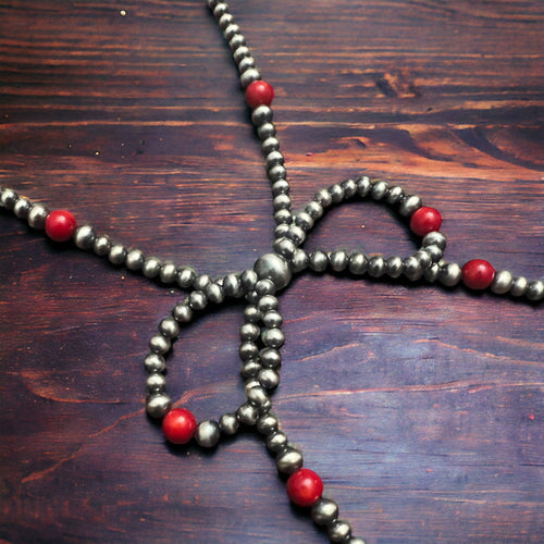 Coral Bow Necklace  - 15 inch - Cowhide and Conchos