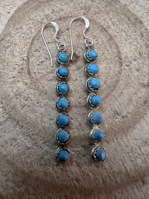 Cordelia Waknwa Zuni Handmade Sterling and Kingman Turquoise Dangle Earrings - Cowhide and Conchos