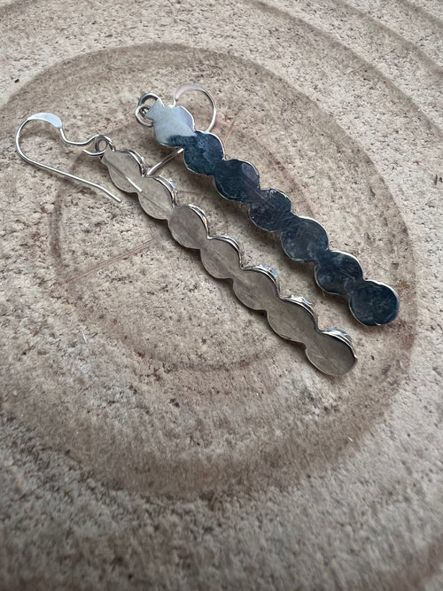 Cordelia Waknwa Zuni Handmade Sterling and Kingman Turquoise Dangle Earrings - Cowhide and Conchos