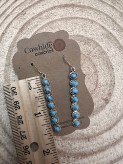 Cordelia Waknwa Zuni Handmade Sterling and Kingman Turquoise Dangle Earrings - Cowhide and Conchos