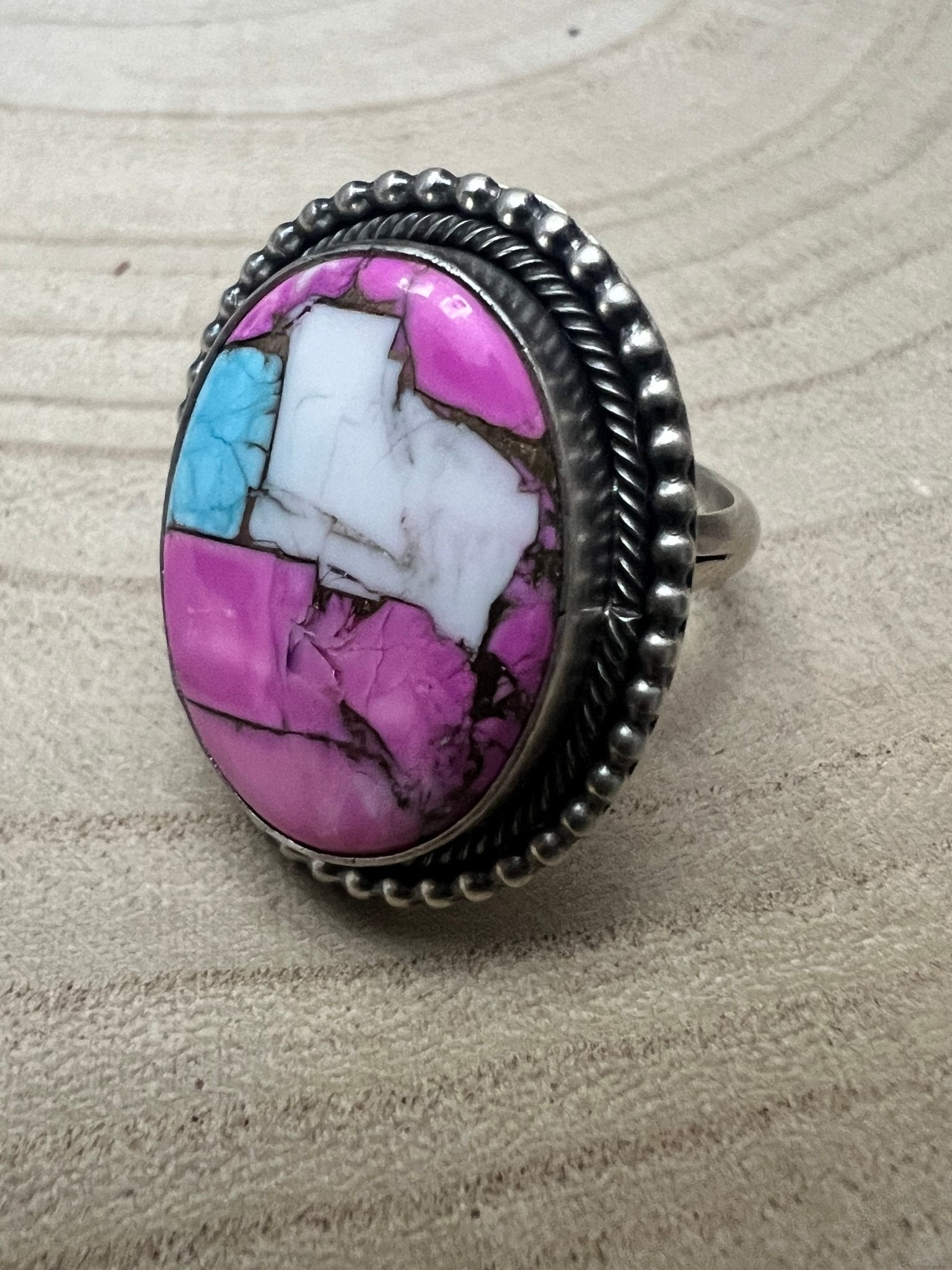 Cotton Candy Adjustable Ring by Navajo Artist Scott Skeets - Cowhide and Conchos