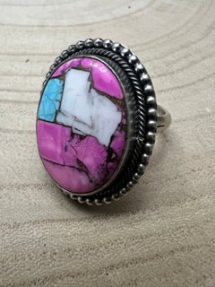 Cotton Candy Adjustable Ring by Navajo Artist Scott Skeets - Cowhide and Conchos