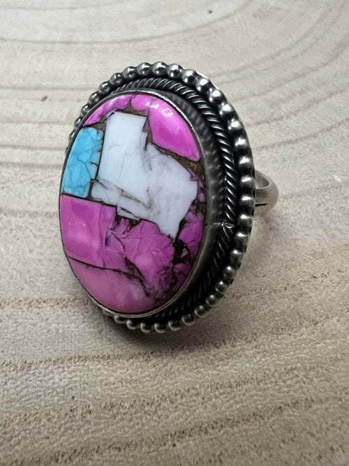 Cotton Candy Adjustable Ring by Navajo Artist Scott Skeets - Cowhide and Conchos