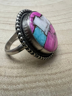 Cotton Candy Adjustable Ring by Navajo Artist Scott Skeets - Cowhide and Conchos