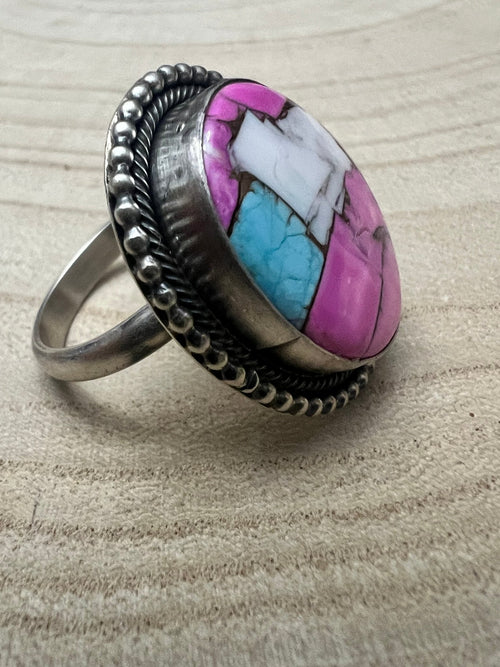 Cotton Candy Adjustable Ring by Navajo Artist Scott Skeets - Cowhide and Conchos