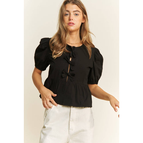 Cotton Woven Solid Open Front Babydoll Top with Bow Details - Cowhide and Conchos
