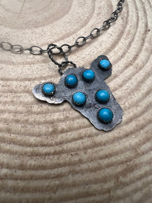 Cow Head with Kingman Turquoise & 18 inch sterling chain - Cowhide and Conchos
