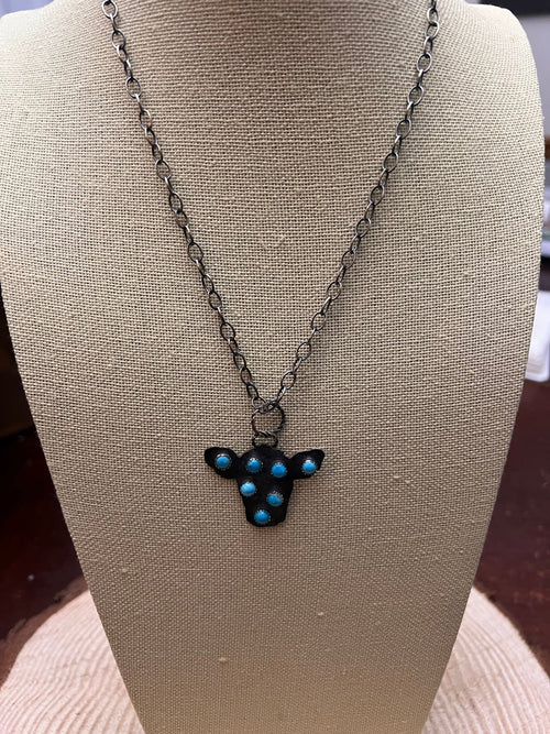 Cow Head with Kingman Turquoise & 18 inch sterling chain - Cowhide and Conchos
