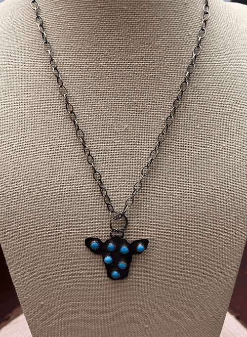 Cow Head with Kingman Turquoise & 18 inch sterling chain - Cowhide and Conchos
