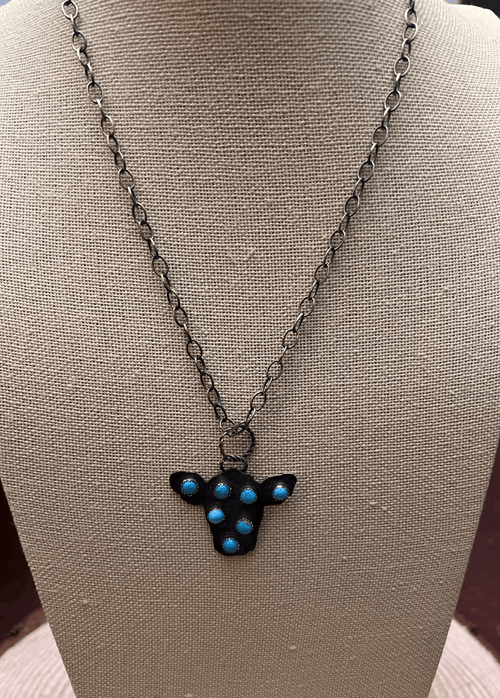 Cow Head with Kingman Turquoise & 18 inch sterling chain - Cowhide and Conchos