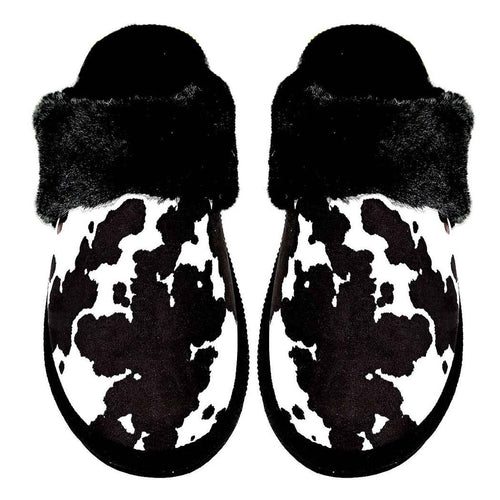 Cow Print Faux Fur Slippers - Black and white - Cowhide and Conchos