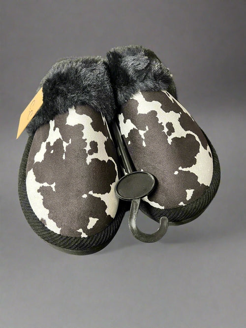 Cow Print Faux Fur Slippers - Black and white - Cowhide and Conchos