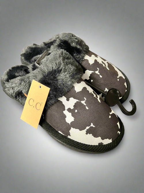 Cow Print Faux Fur Slippers - Black and white - Cowhide and Conchos