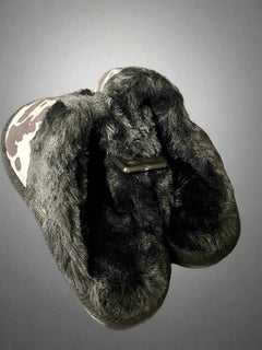 Cow Print Faux Fur Slippers - Black and white - Cowhide and Conchos