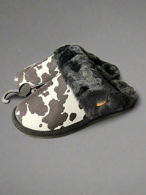 Cow Print Faux Fur Slippers - Black and white - Cowhide and Conchos