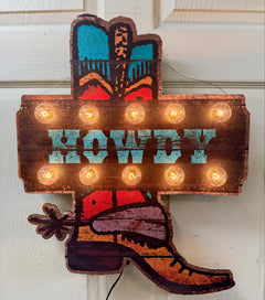 Cowboy Boot Marquee Lighted Artwork - Cowhide and Conchos