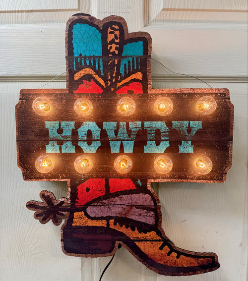 Cowboy Boot Marquee Lighted Artwork - Cowhide and Conchos
