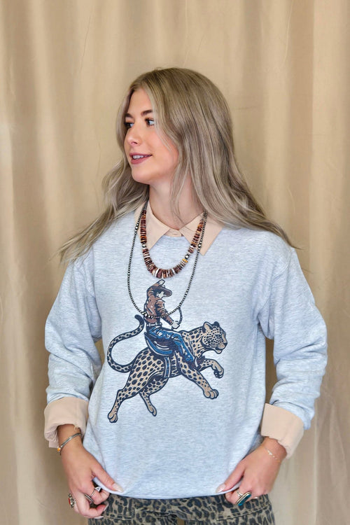 Cowboy Cheetah Crewneck Sweatshirt - Cowhide and Conchos