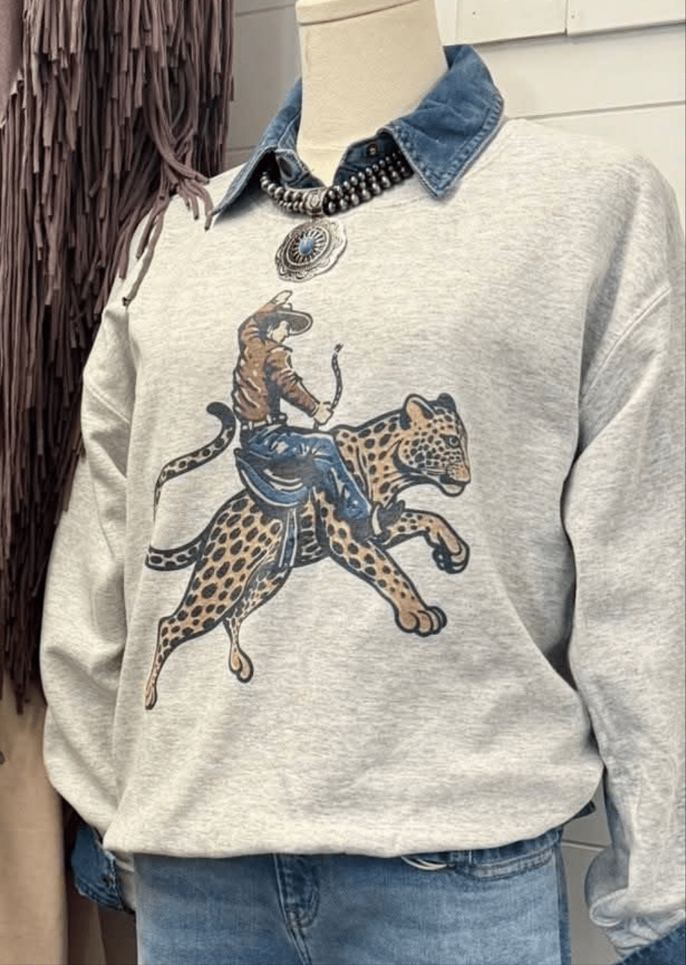 Cowboy Cheetah Crewneck Sweatshirt - Cowhide and Conchos