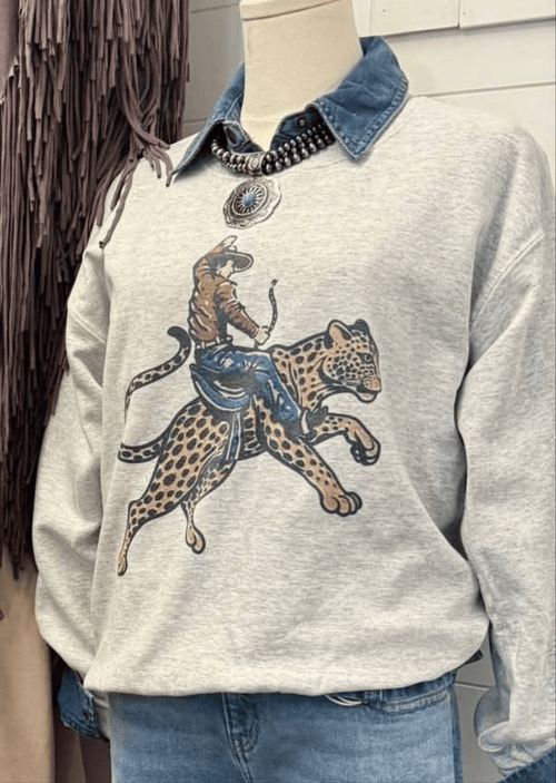 Cowboy Cheetah Crewneck Sweatshirt - Cowhide and Conchos