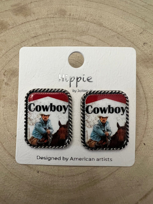 Cowboy Cigarette Fashion Earrings - Cowhide and Conchos