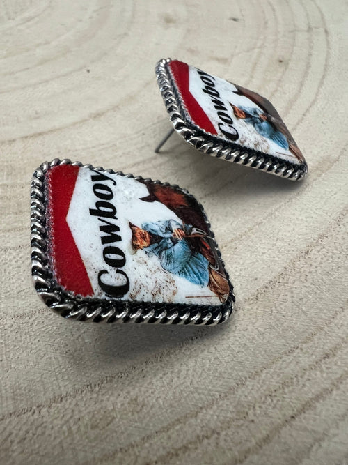 Cowboy Cigarette Fashion Earrings - Cowhide and Conchos