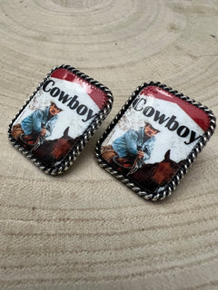 Cowboy Cigarette Fashion Earrings - Cowhide and Conchos