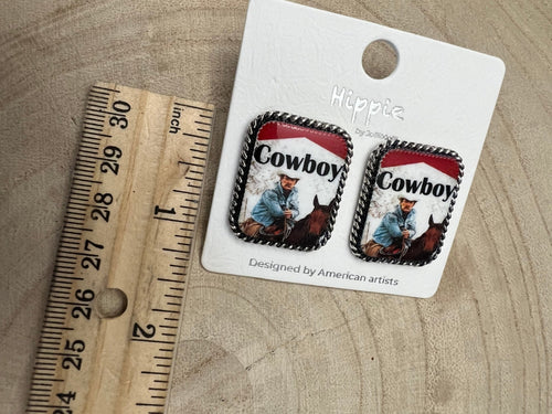 Cowboy Cigarette Fashion Earrings - Cowhide and Conchos