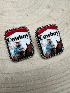 Cowboy Cigarette Fashion Earrings - Cowhide and Conchos