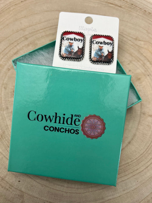 Cowboy Cigarette Fashion Earrings - Cowhide and Conchos